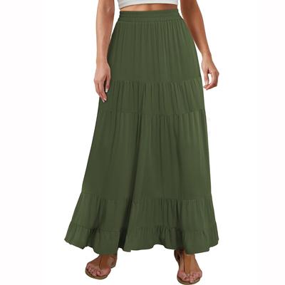 Damen Maxirock, elastisch, hohe Taille, schwingend, gestuft, A-Linie, fließend, plissiert, Boho, Strand, Urlaub, lange Röcke