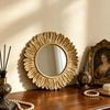 Espejo de Tocador Redondo con Pluma Dorada Vintage Francés para Decoración de Dormitorio