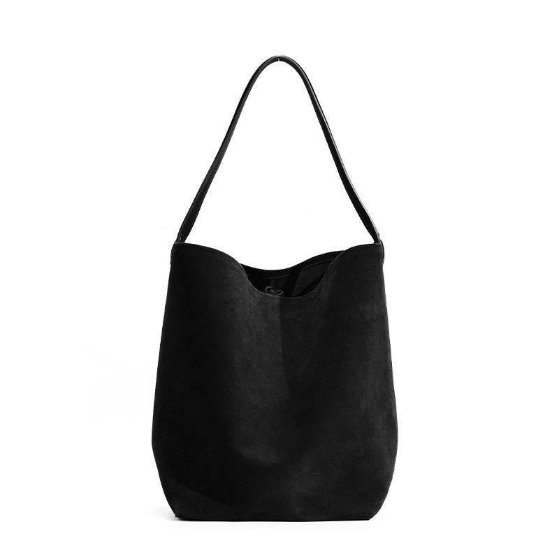 Retro suede suede premium bucket bag, matte cowhide large-capacity portable shoulder tote bag.