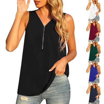 Damen Casual V-Ausschnitt Farbe Locker Reißverschluss Ärmellos Tanktop