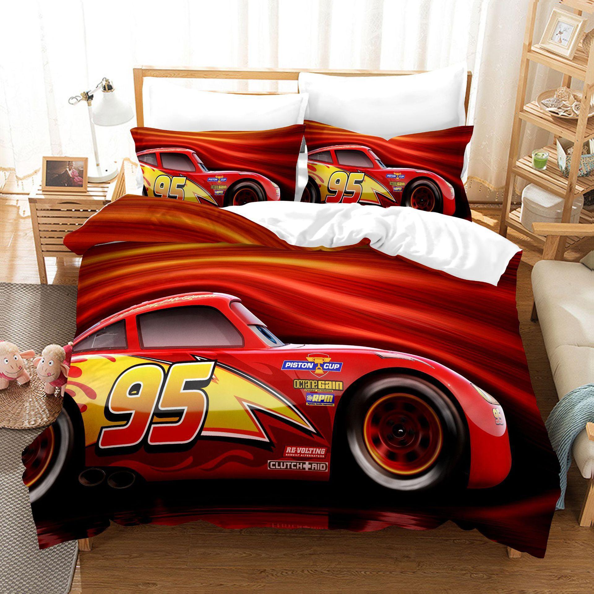 3D Digital Kit, Printed Quilt Set Three-Piece Set, Cartoon Animation Car UK 135*200cm