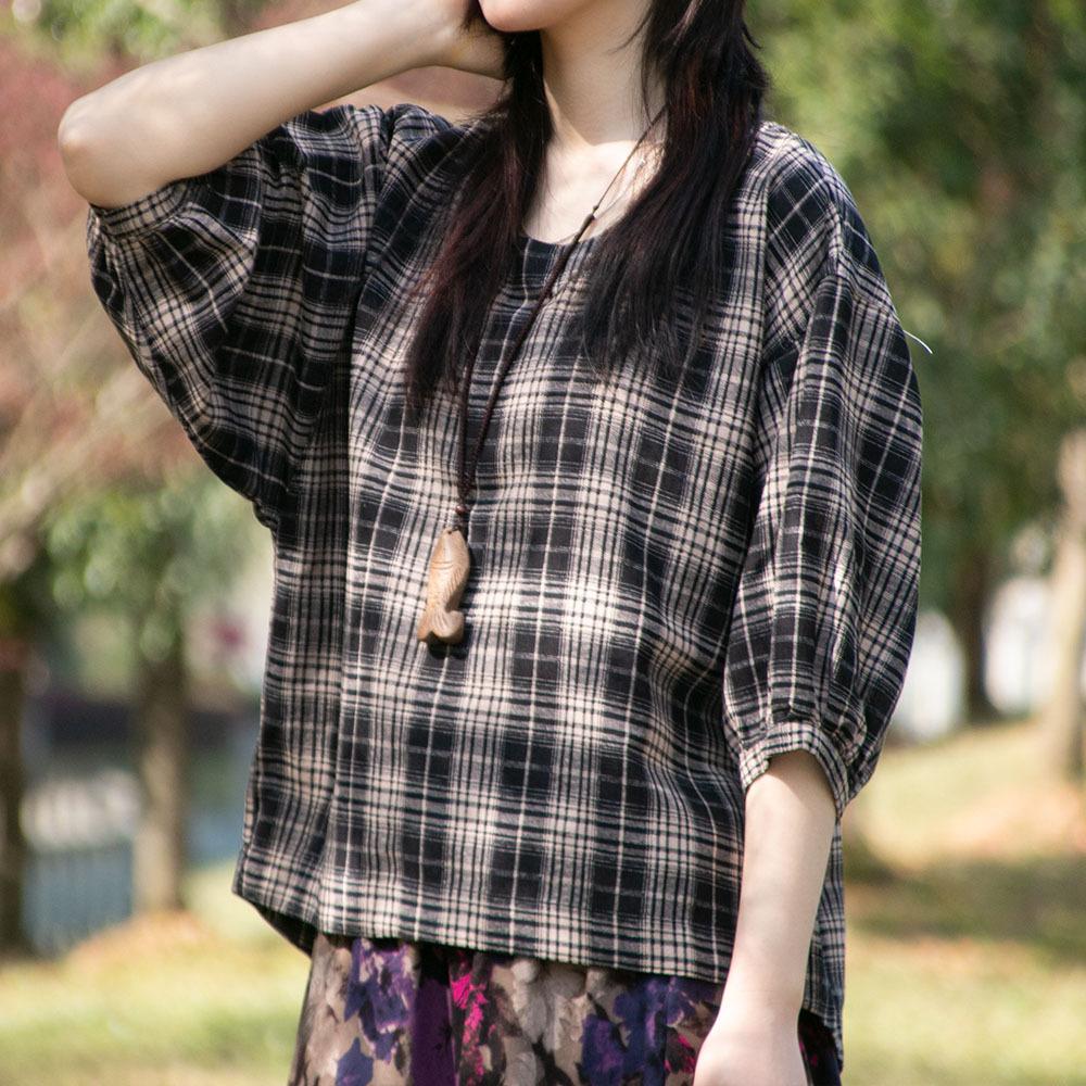 Letní dámské oblečení Etnický potisk Bavlněná lněná halenka Top Trička s kulatým výstřihem Sedmičtvrteční rukávy