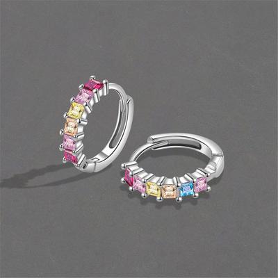 Luxury Female Small Rainbow Square Zircon Stone Hoop Earrings Vintage Fashion Silver Color Wedding  For Women