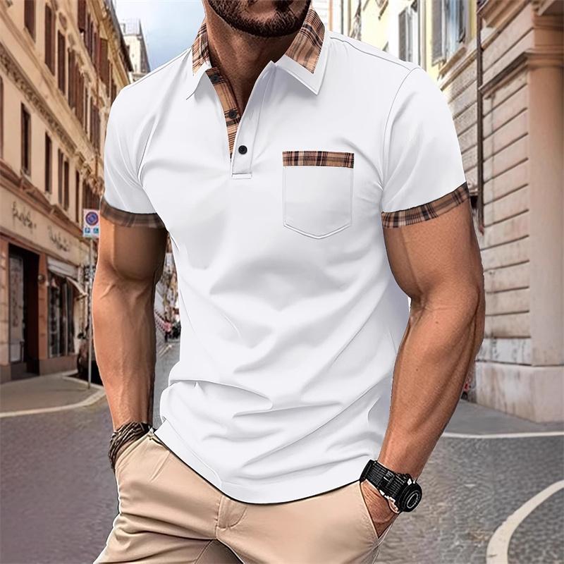 Men's Plaid Patchwork Short-sleeved Polo Shirt, Stylish Collared Pocket Design, Casual Business Slim Fit, Versatile Men's Top.