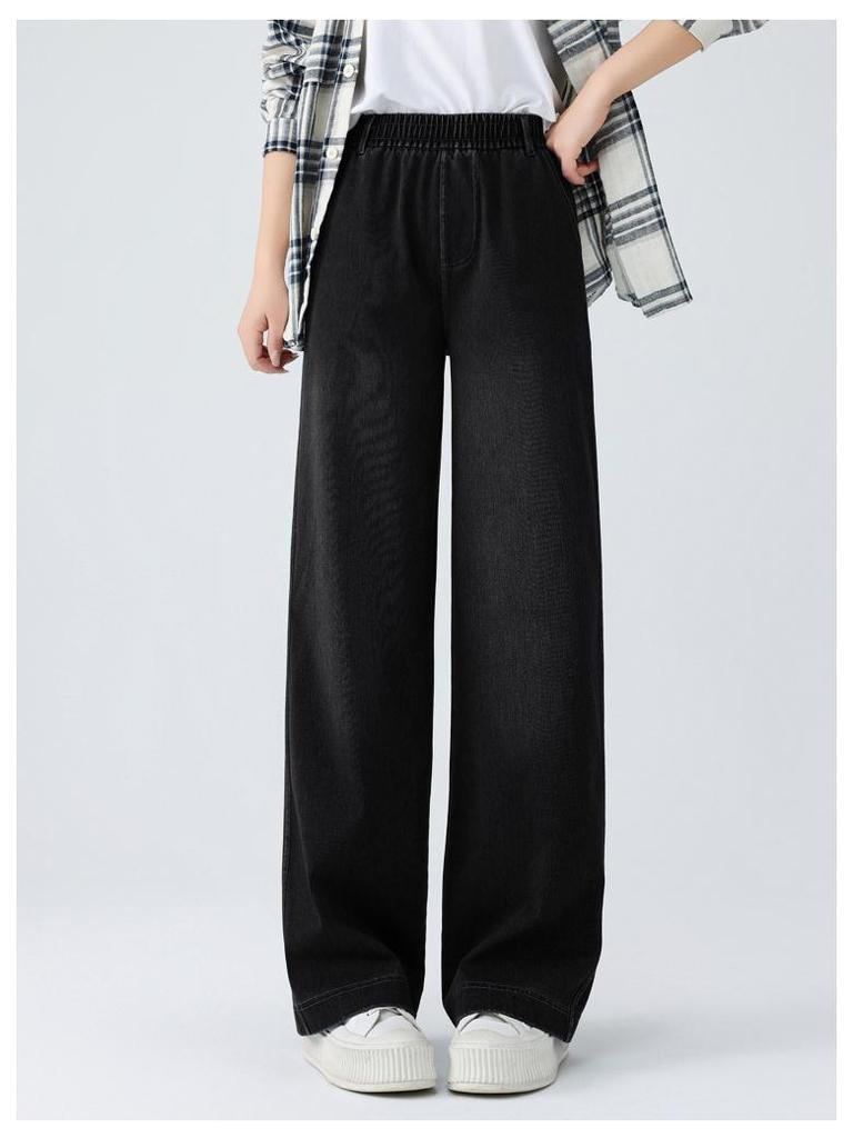High-Waisted Plus-Size Slimming Straight Leg Washed Cotton Jeans - Summer Thin Wide-Leg Casual Korean Style for Women