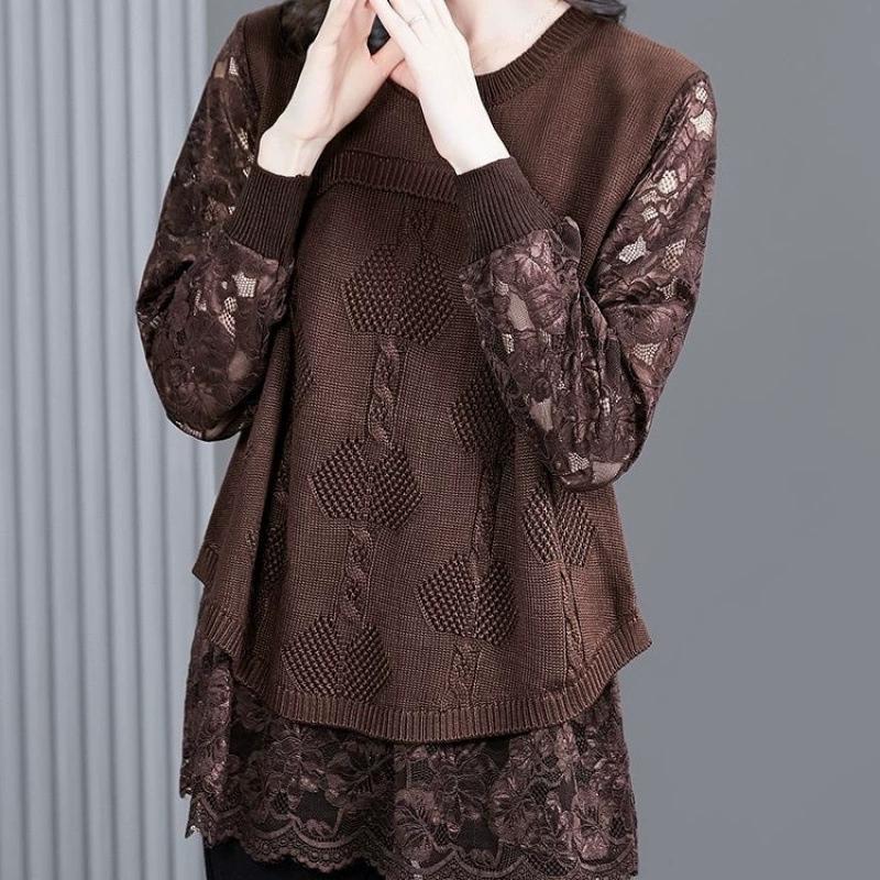 Spring Autumn Solid Jacquard Weave Long Sleeve Sweaters Women Knitting Pullovers Lace Patchwork Casual Tops Jumpers