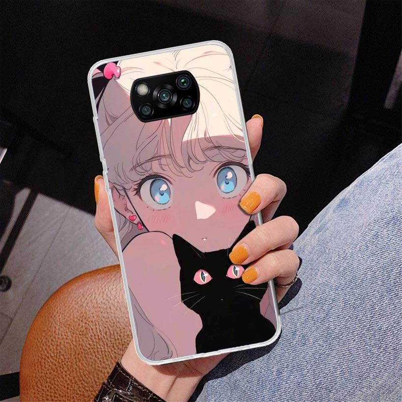 Anime Girls Cute Black Cat Phnoe Case for Xiaomi Poco X5 X6 X7 Pro X4 Gt F7 Ultra M8 M7 Redmi 15C 15 13C 13 12C 12 Unique Cover