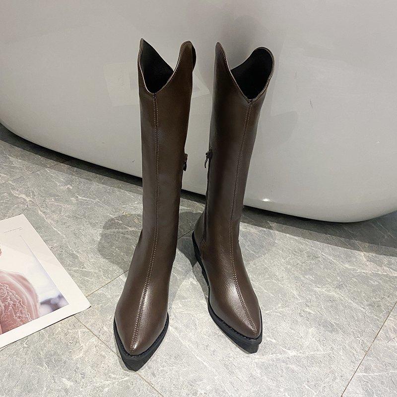 

Модные Новые Женские Сапоги На Молнии Толстый Высокий Каблук Простые Толстые Высокие Каблуки Осенне-Зимние Сапоги До Колена Ботас 35 коричневый