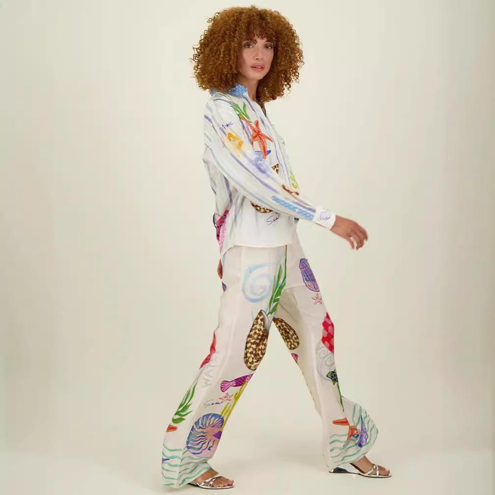 Satin Print Loose Pants Sets Women Causal Long Sleeve Shirts Two Piece Sets Female Outfits Streetwear