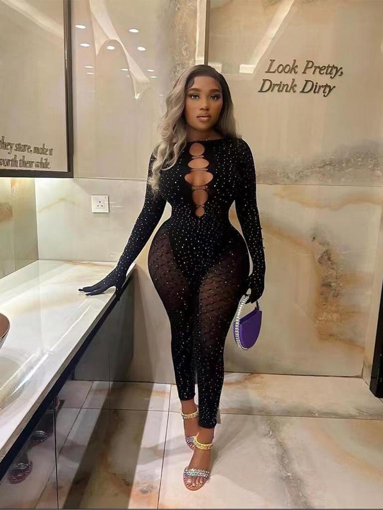 Sex suit European and American sexy lure long-sleeved onesie perspective hot diamond women's fashion gloves HL -