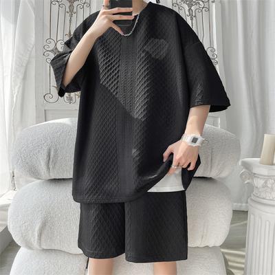 Conjuntos de Verano para Hombre 2025 Moda Suelta Casual Camisetas + Pantalones Cortos Hombre Nuevo Coreano High Street Jacquard Cuadros Camiseta Conjuntos Cortos