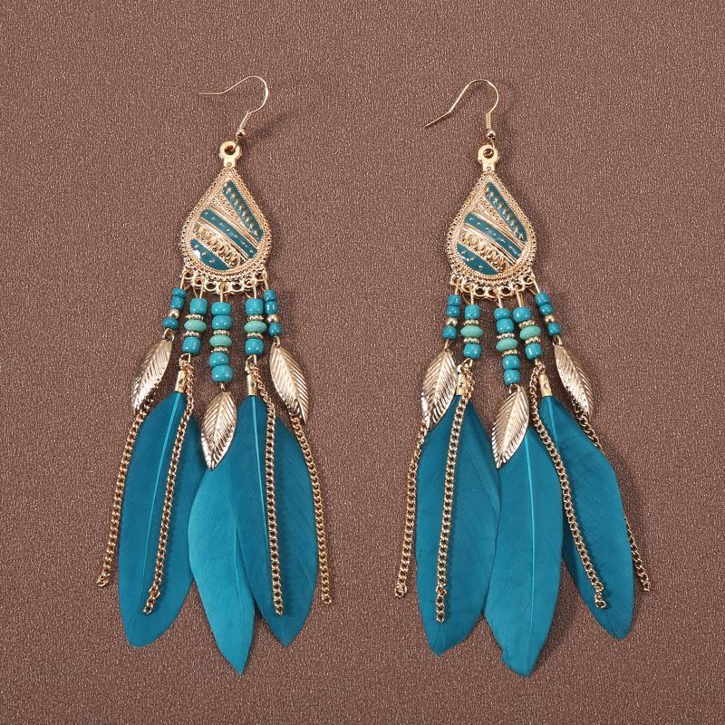 Feather Fringed Earrings Women's Water Drop Long Ethnic Style Retro Temperament Versatile Exaggerated Earrings