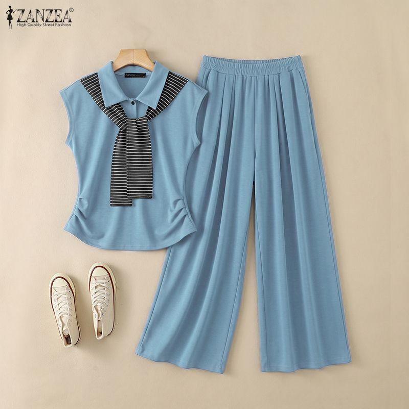 ZANZEA Women Sleeveless Blouse and Long Pants Casual Two Piece Suit Set