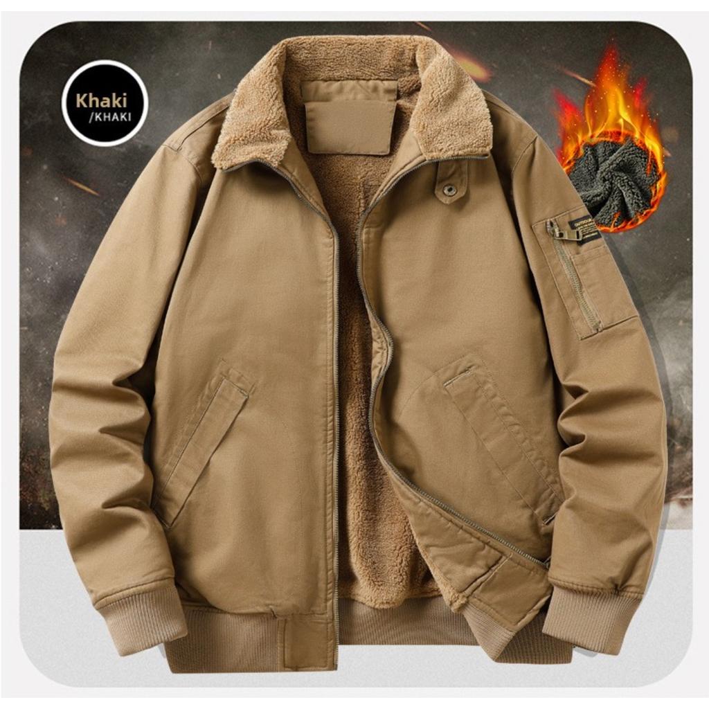 Winter Fleece-Lined Pilot Jacket, Men's Fleece-Lined Thickened Oversized Cotton Coat with Lapel Collar