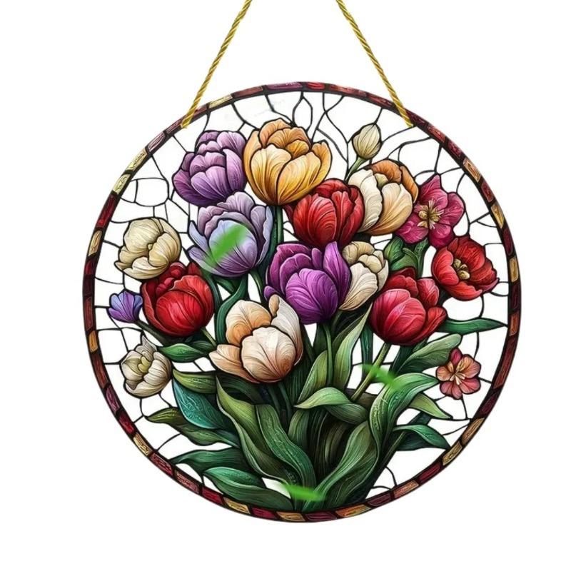 2D Flat Plants Flowers Round Acrylic Decoration Sign, Tulip, Home Decor Plaque Hanging Wall Art Decorative Garden Decoration for Room Door Signs Hangi