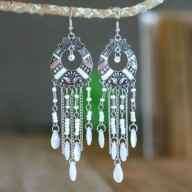 Bohemian Long Rice Bead Ethnic Earrings for Women Vintage Tassel Water Drop Silver Color Metal Earring Female Jewelry