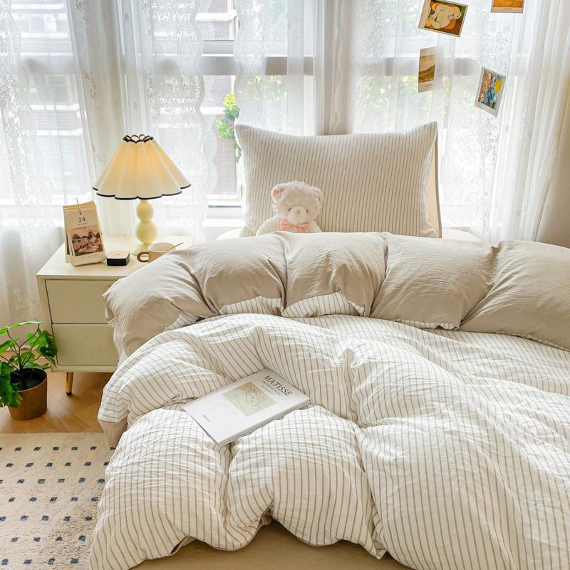 INS Seersucker Stripes Duvet Cover Pillowcases Flat Sheet Girls Bedding Set Washed Cotton Solid Color Bed Linen Single Size