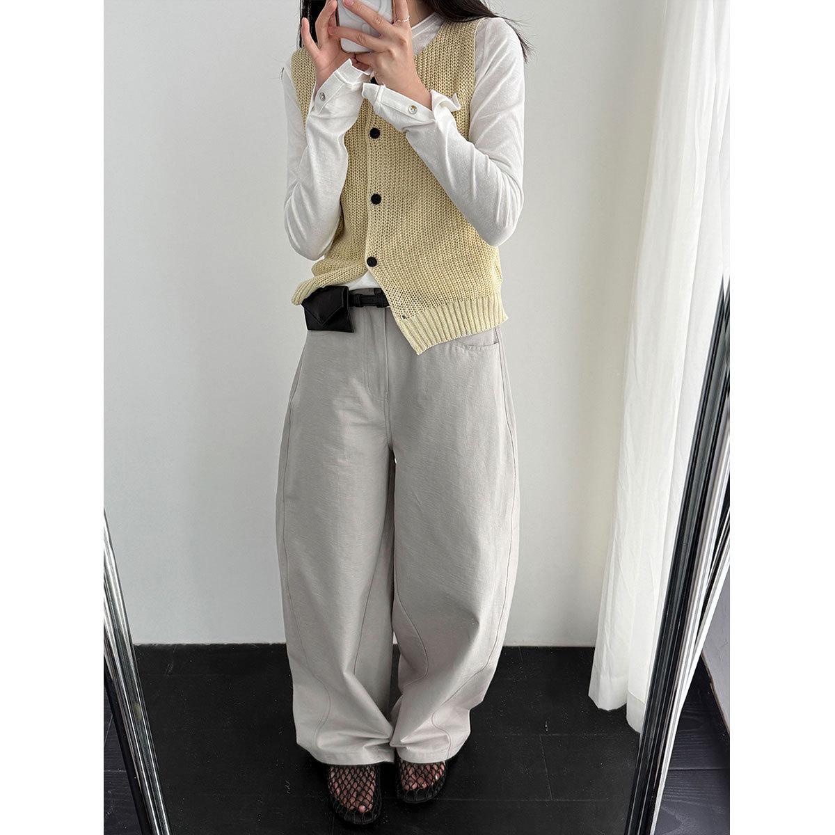 Japanese Minimalist Women s Wide-Leg Casual Pants - Curved Leg, Relaxed Fit, Spring 2026 Collection M серый
