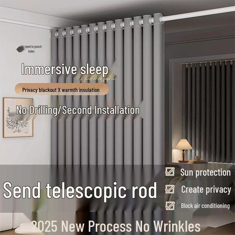 Telescopic No-Punch Curtain Set: Blackout, Heat Insulation, Sun Protection for Bedroom, Living Room, Balcony, Rental Partition