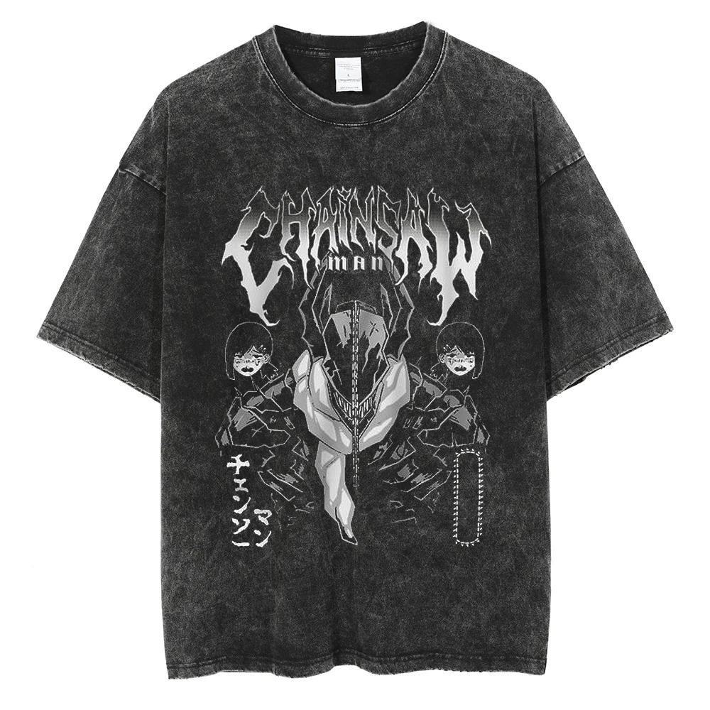 Chainsaw Man Power & Cat Blood Splatter Vintage Washed Anime T-Shirt, Unisex Manga Fan Streetwear Tee, 100% Cotton Casual Short Sleeve Top