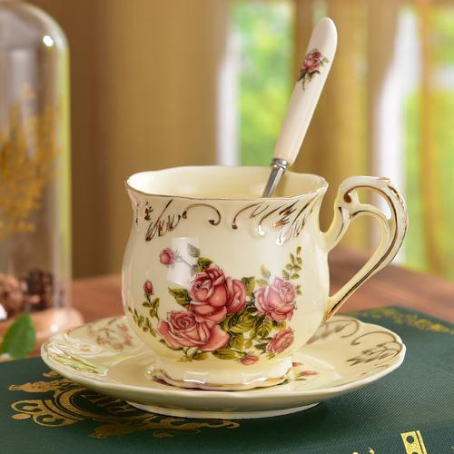 Luxury Ceramic england style flower Coffee Cup Sauce Set Bone China  Breakfast Afternoon Flower Tea Cup with spoon