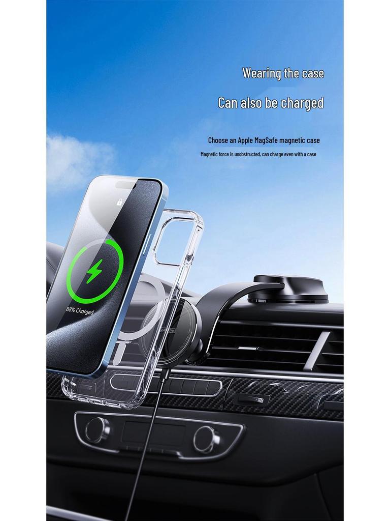 15W Magnetic Car Phone Holder & Wireless Charger with Suction Cup - QI Fast Charging & Navigation Support