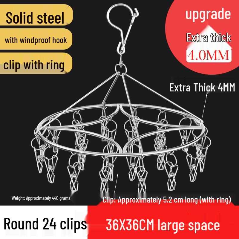 Round Windproof Clothes Drying Rack with Stainless Steel Clips and Hanging Hook