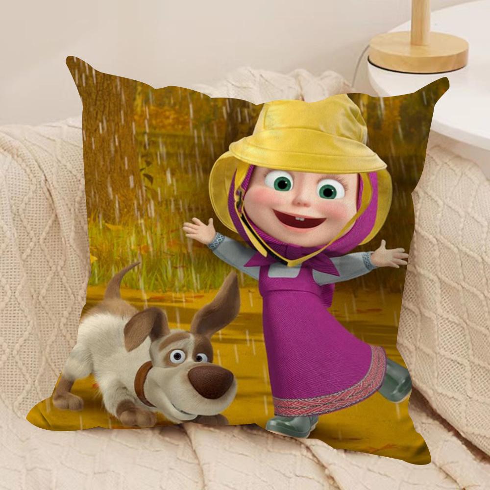 M-Masha And B-Bears Cushion Cover Silky Short Plush Double-Sided Printed Pillow Case For Sofa All Seasons Home Decor Gift