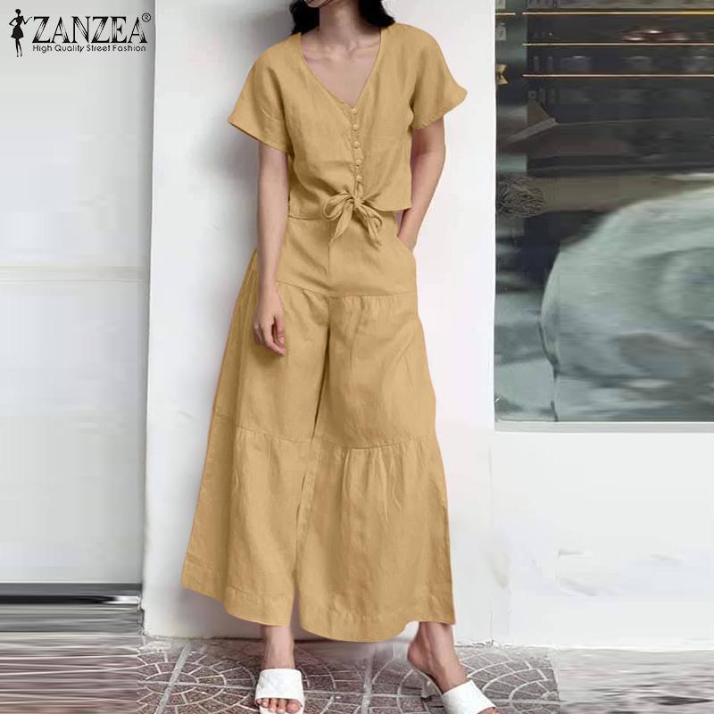 ZANZEA Women Short Sleeve Blouse and Wide Leg Pants Summer Two Piece Sets