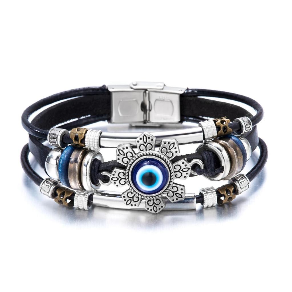 Vintage Turquoise Crystal Floral Triple-Layer Leather Bracelet