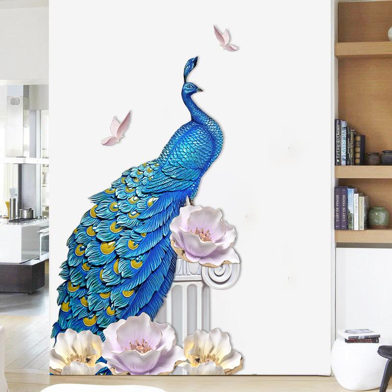 Nuovo Adesivo da Parete Pavone Blu e Peonia per Camera da Letto Soggiorno Corridoio Decorazione Murale per la Casa