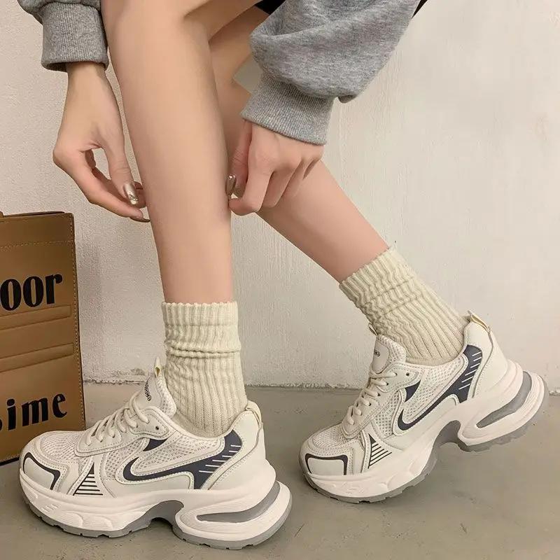 Fashion Casual Sneakers Women Shoes 2024 New Synthetic Leather Mixed Colors Thick Sole Lace-up Mesh Breathable Ladies Sports Shoes