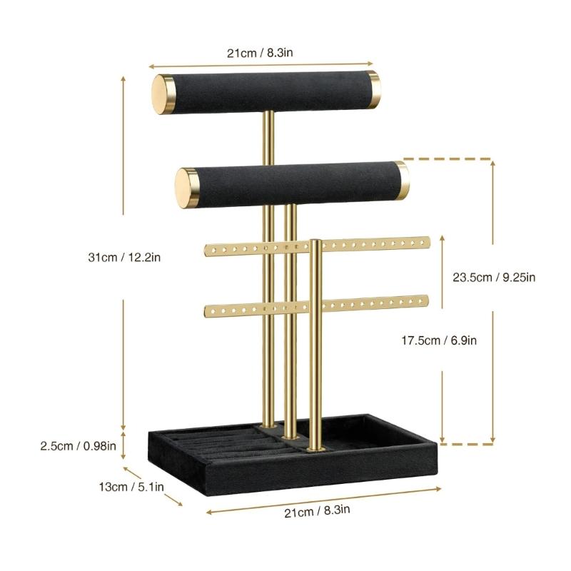 Tabletop Jewelry Display Stand Black Fabric Gold-Tone Holder with Necklace Bracelet Bars, Earring Rails, Ring Tray Base for Vanity Storage