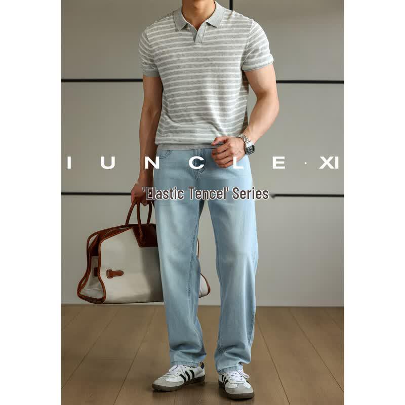 Iunclexi Men s 10.7OZ Stretch Tencel Light Blue Washed Slim Straight Jeans 31