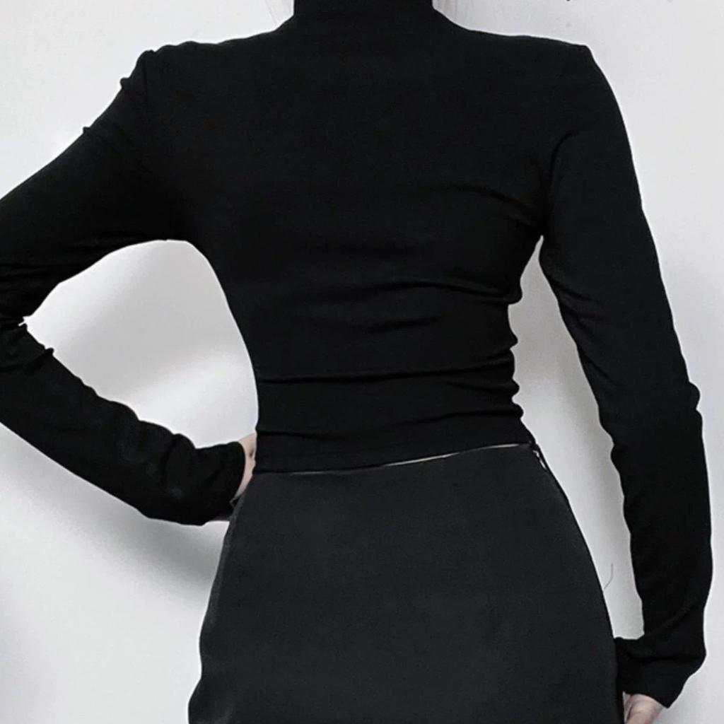 Gothic Dark Cross Hollow Long Sleeve Top Harajuku Y2K Vintage Punk Sexy Perspective Fashion Style Slim Women Top