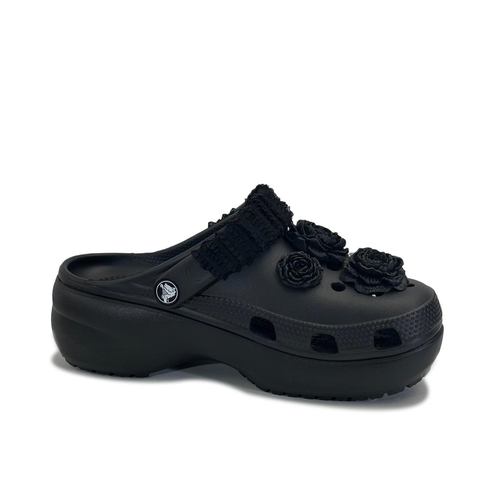 Crocs Classic Platform Clog Black Rose Niche Fashion Rework Three-dimensional Flower Sweet Cool Casual Hole Shoes Women Black