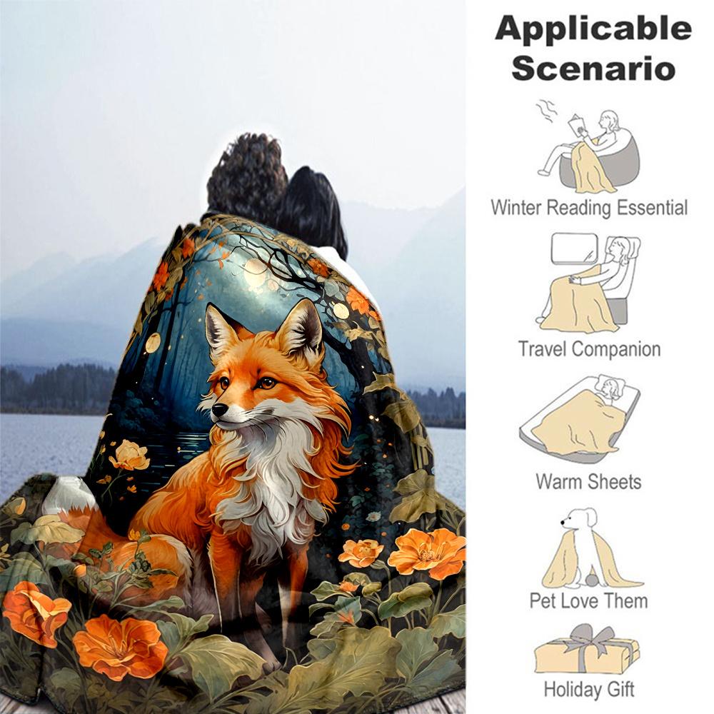 1 Stück Fuchs Waldblumen Flanelldecke, Bequeme und Warme Decke, für Camping Sofa Bett und Couch Büro016