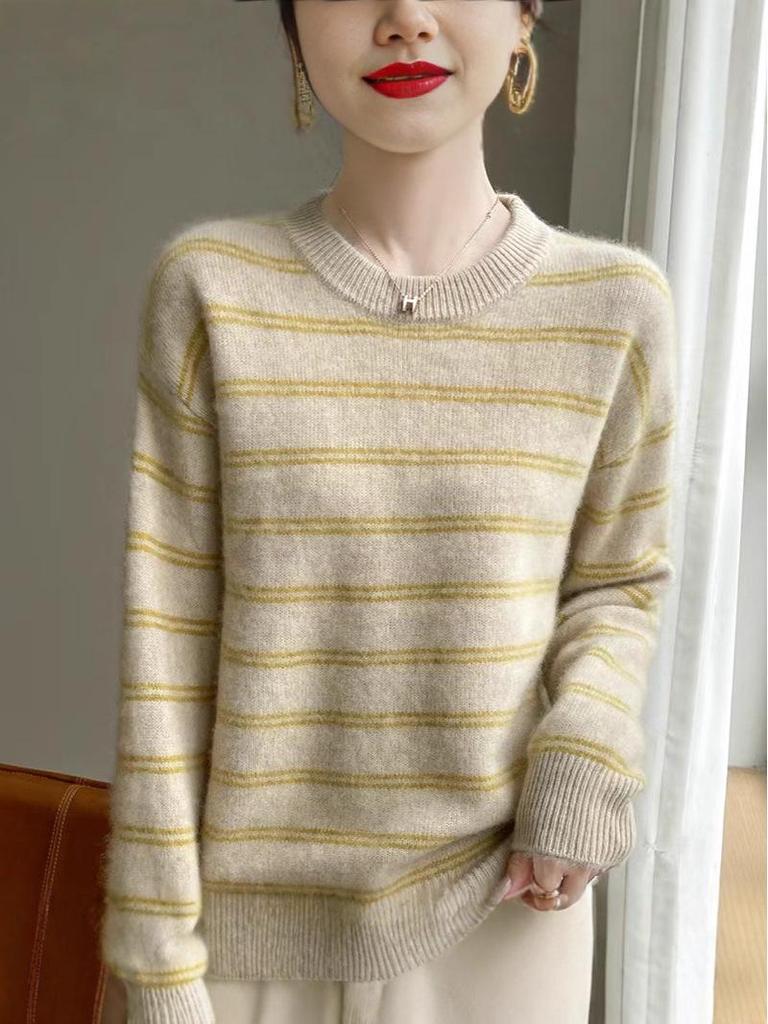 Trendy Korean Style Striped Crew Neck Pullover Cardigan Sweater