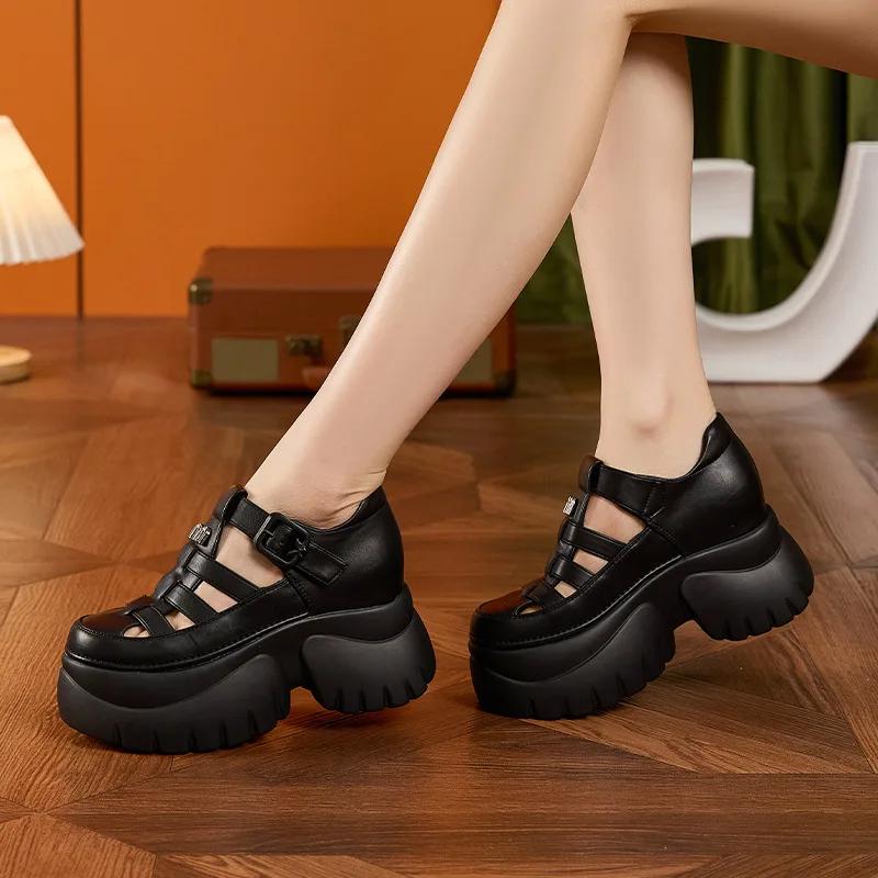 Fashion 9CM Weave Synthetic Microfiber Leather Pumps Platform Wedge Hook Summer Women Hollow Sandals Flats Women Slippers Fashion Shoes