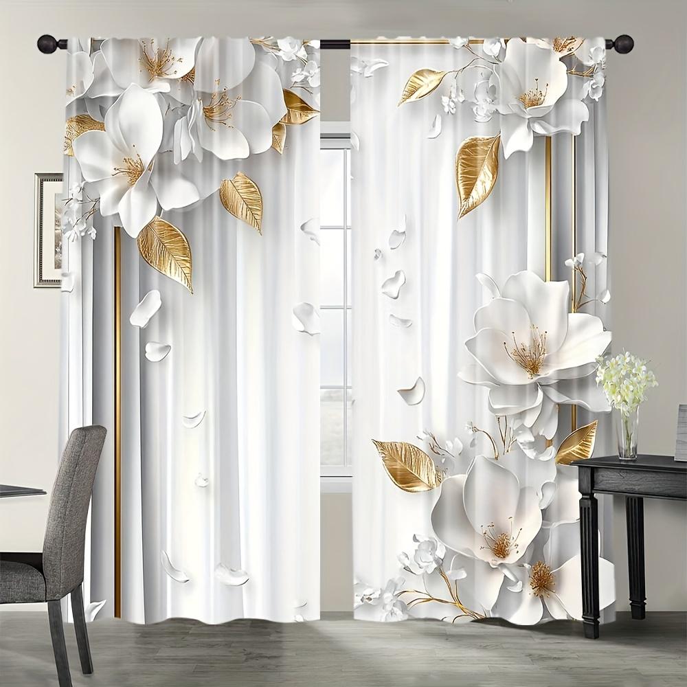 2 Pezzi Eleganti Tende in Poliestere Filtranti alla Luce con Motivo Floreale e Foglie d'Oro con Tasca per Asta per Soggiorno   Camera da Letto   Cucina e Bagno