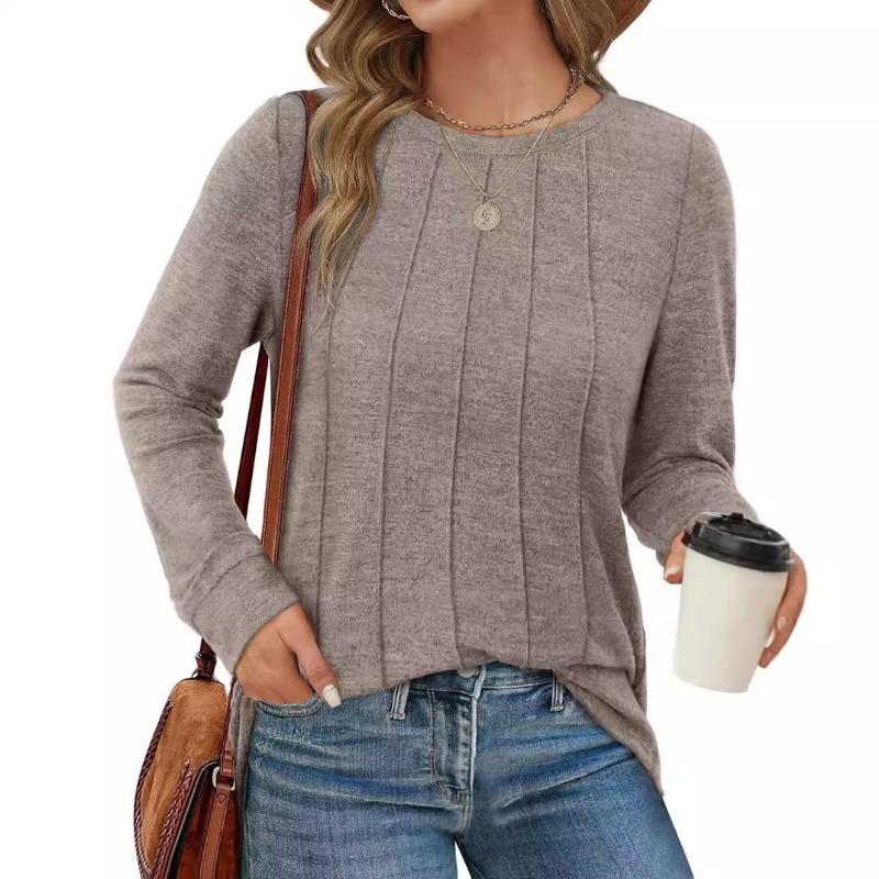Autumn Winter Long Sleeved Top with Round Neck Pleated Knit Solid Color Loose Fitting Women's T-shirt