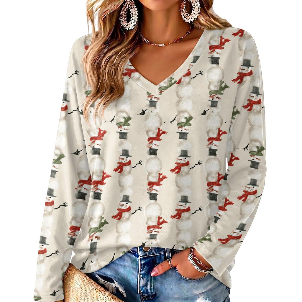 Women's V-Neck Long Sleeve Lightweight Top with Christmas Print for Spring and Summer