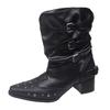 Britischer Stil Super Fire Spitz zulaufende Kurze Stiefel Dicke Ferse Nieten Stapelstiefel V-Ausschnitt Western Cowboy Martin Stiefel Damen