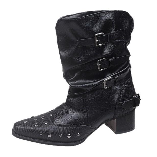 Britischer Stil Super Fire Spitz zulaufende Kurze Stiefel Dicke Ferse Nieten Stapelstiefel V-Ausschnitt Western Cowboy Martin Stiefel Damen