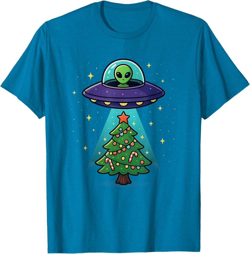 Alien UFO Abduction Christmas Tree Graphic Tee Funny Holiday Casual Cotton T-Shirt