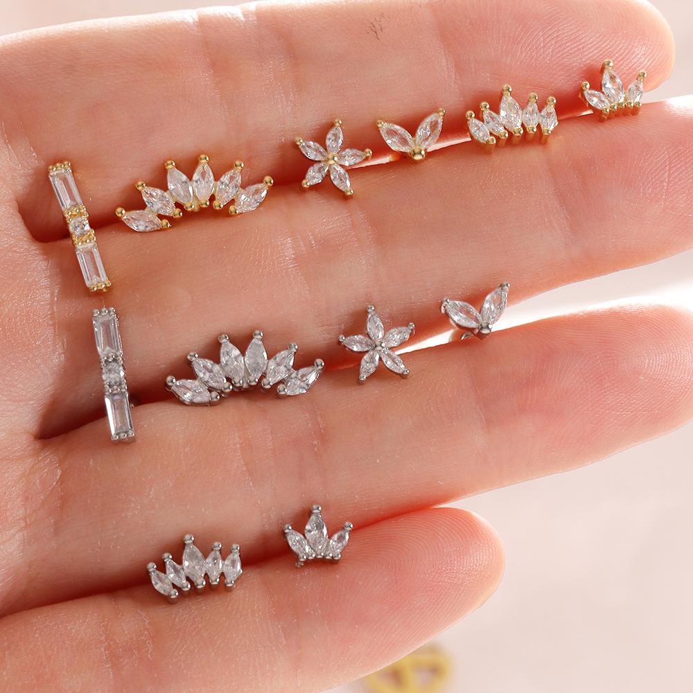 Tuiying003 Women's Gold 6 Pieces Flower Crown Stainless Steel Zircon Small Stud Earrings Set 18K Plated Geometry Cartilage Piercing Jewelry Aretes