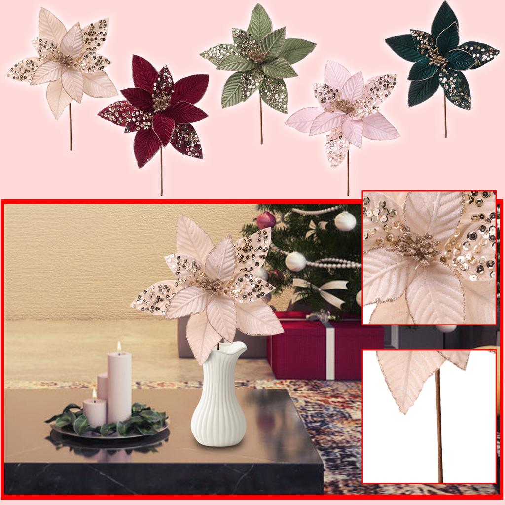 Sametová simulace Vánoční květina 25cm Velká Flitrová Vánoční stromková dekorace Květinové aranžmá Květinové aranžmá Dekorace scény Rekvizity