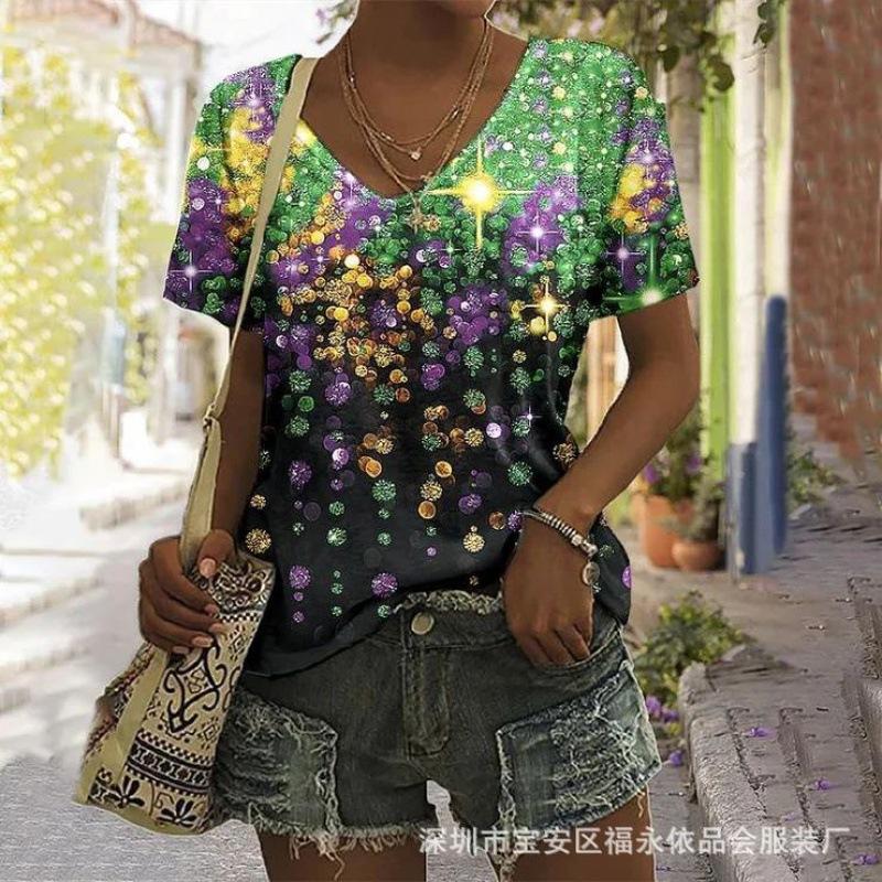 Digital bedrucktes Unterteil Kurzarm V-Ausschnitt T-Shirt Damen