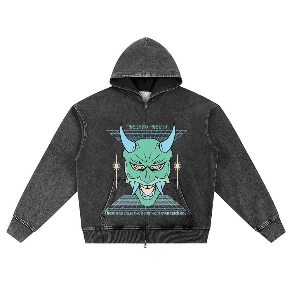 DTG Print Knitted Denim Zip-Up Hoodie Anime Streetwear 33 Brother Print Zipper Hoodies