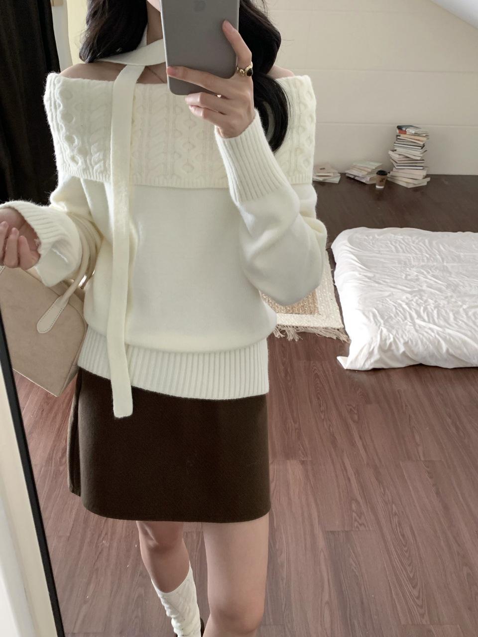 

Новый свитер с открытыми плечами в корейском стиле - Осень/Зима Облегающий Холтер One Size (80-120 cm) белый